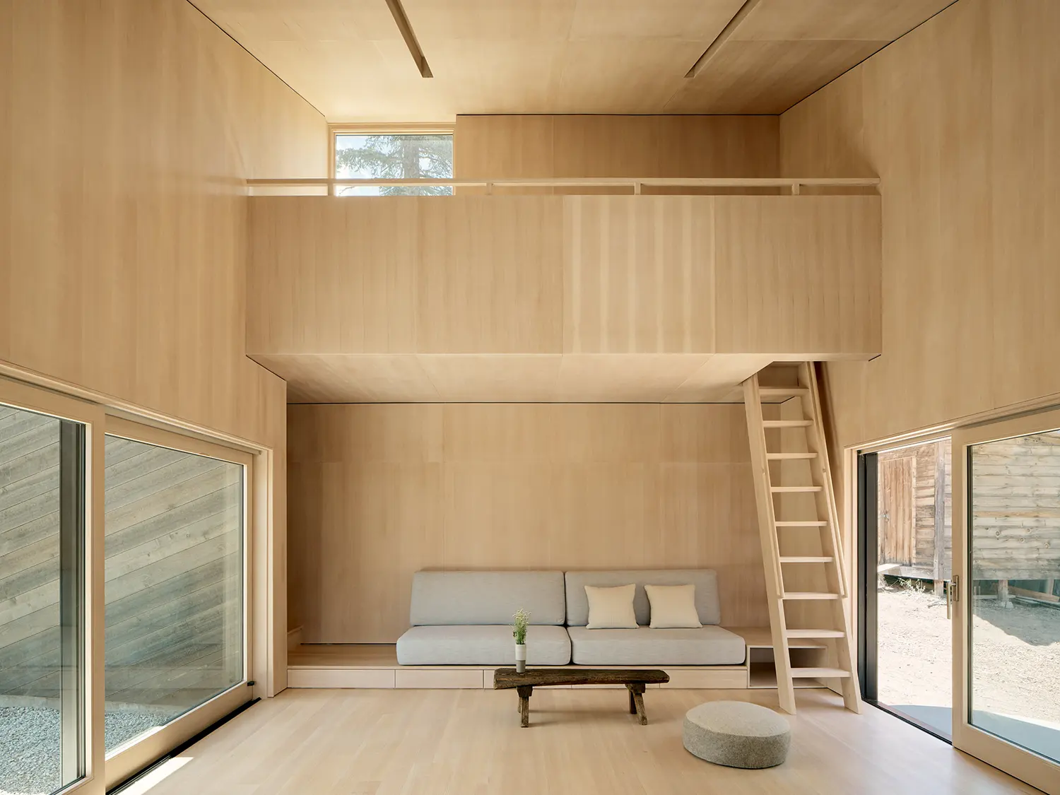 Minimalist living room with Douglas fir plywood walls, a built-in grey sofa, and a wooden ladder leading to a mezzanine loft.