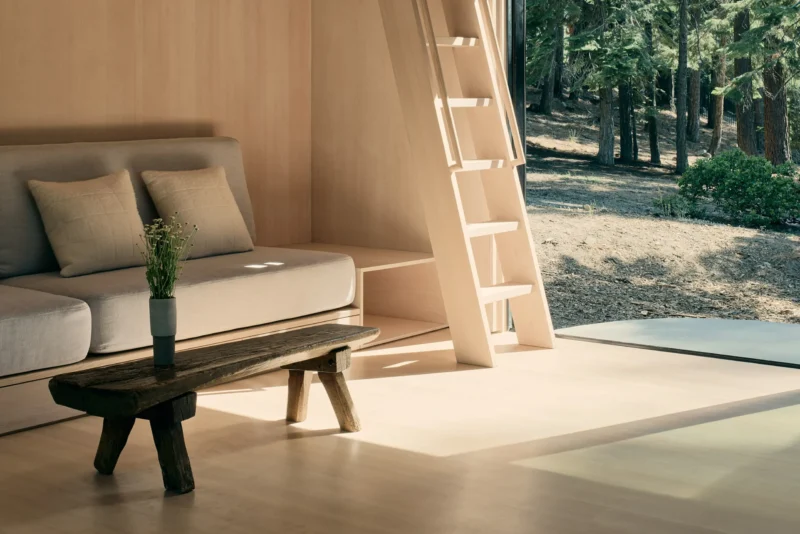 Detail shot of a plywood ladder leading to a mezzanine home office next to a floor-to-ceiling glass door.