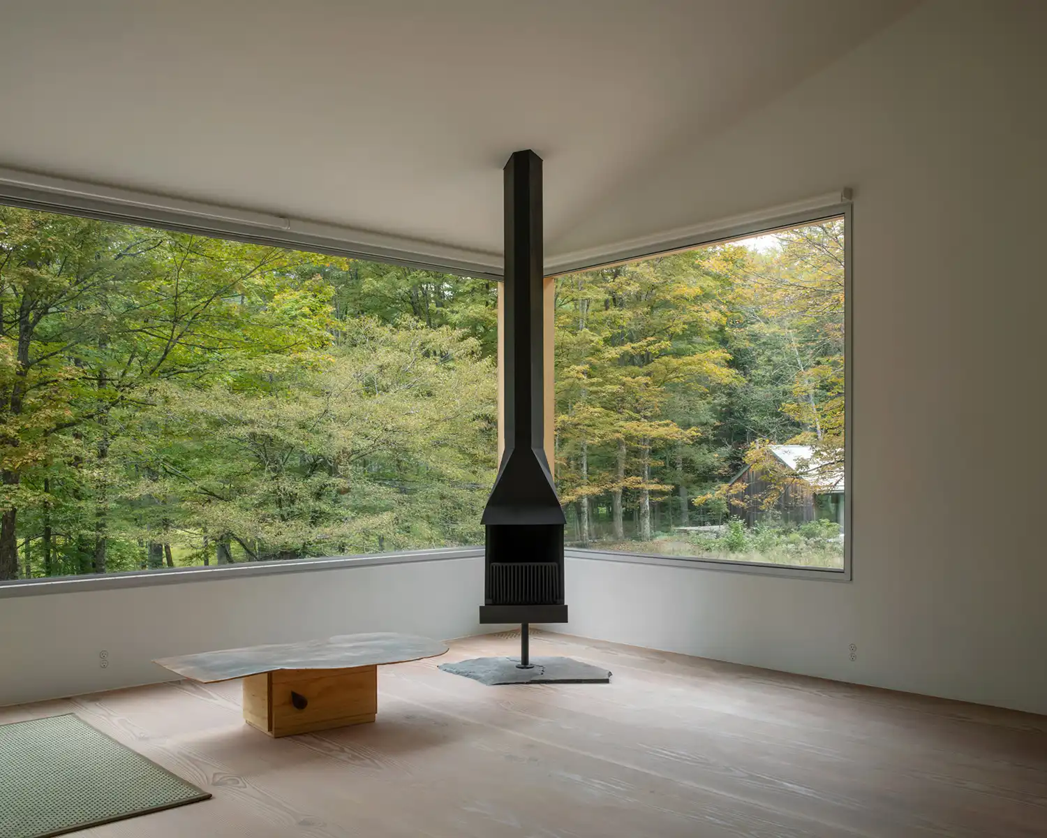 Minimalist studio corner with a suspended black fireplace and expansive forest views.
