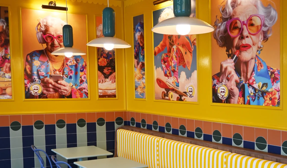 Pop-art portraits of an elderly woman in vibrant clothing on yellow walls with striped banquette.