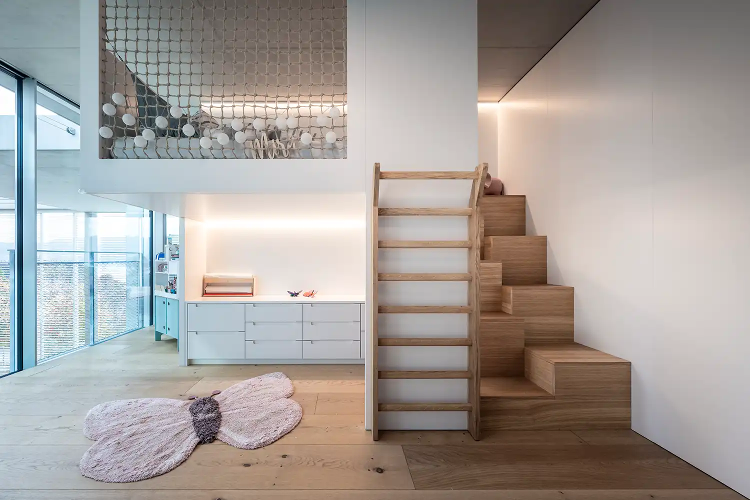 Childrens bedroom loft bed custom storage stairs NOA Network of Architecture Atrium Villa