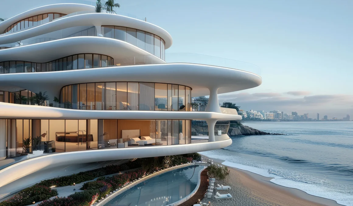 Modern waterfront residence in Palm Jumeirah featuring white sculptural organic facades, expansive terraces, and floor-to-ceiling glazing overlooking the sea.