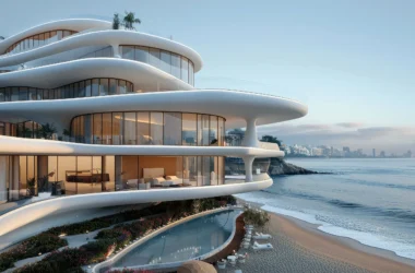 Modern waterfront residence in Palm Jumeirah featuring white sculptural organic facades, expansive terraces, and floor-to-ceiling glazing overlooking the sea.
