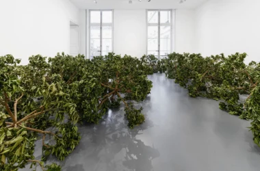 Wide view of star-shaped lemon tree branches spread across a gray gallery floor at Perrotin Paris.