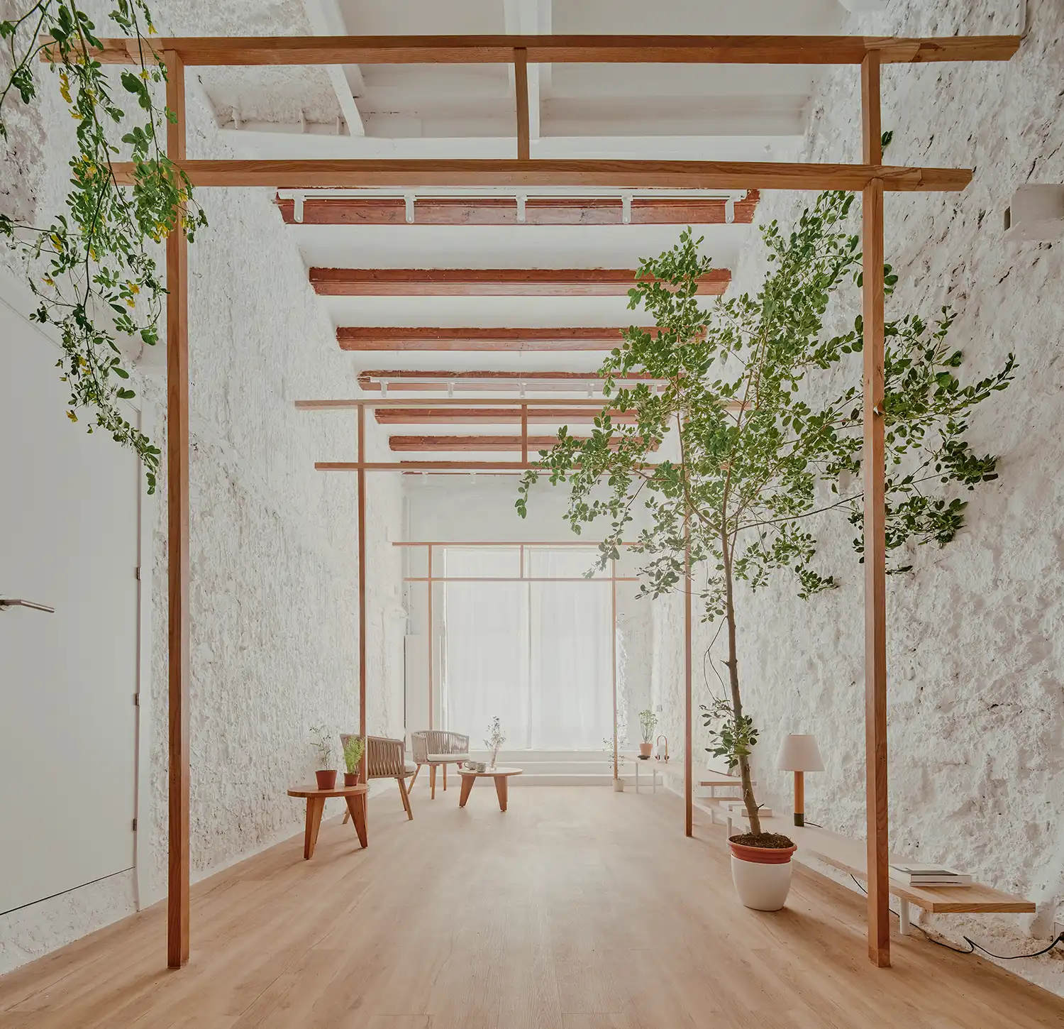 A linear perspective of three wooden torii gateways under a ceiling with dark timber beams and white masonry walls.