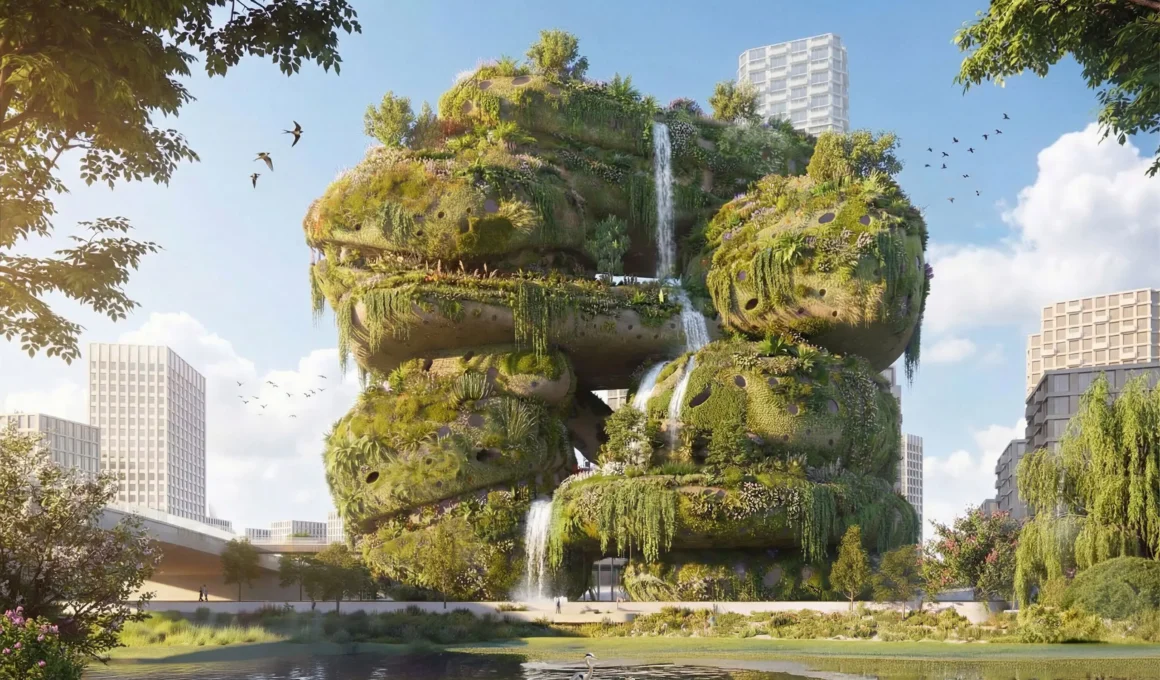 A multi-tiered, moss-covered building with cascading waterfalls and dense vegetation, set against a background of city skyscrapers.