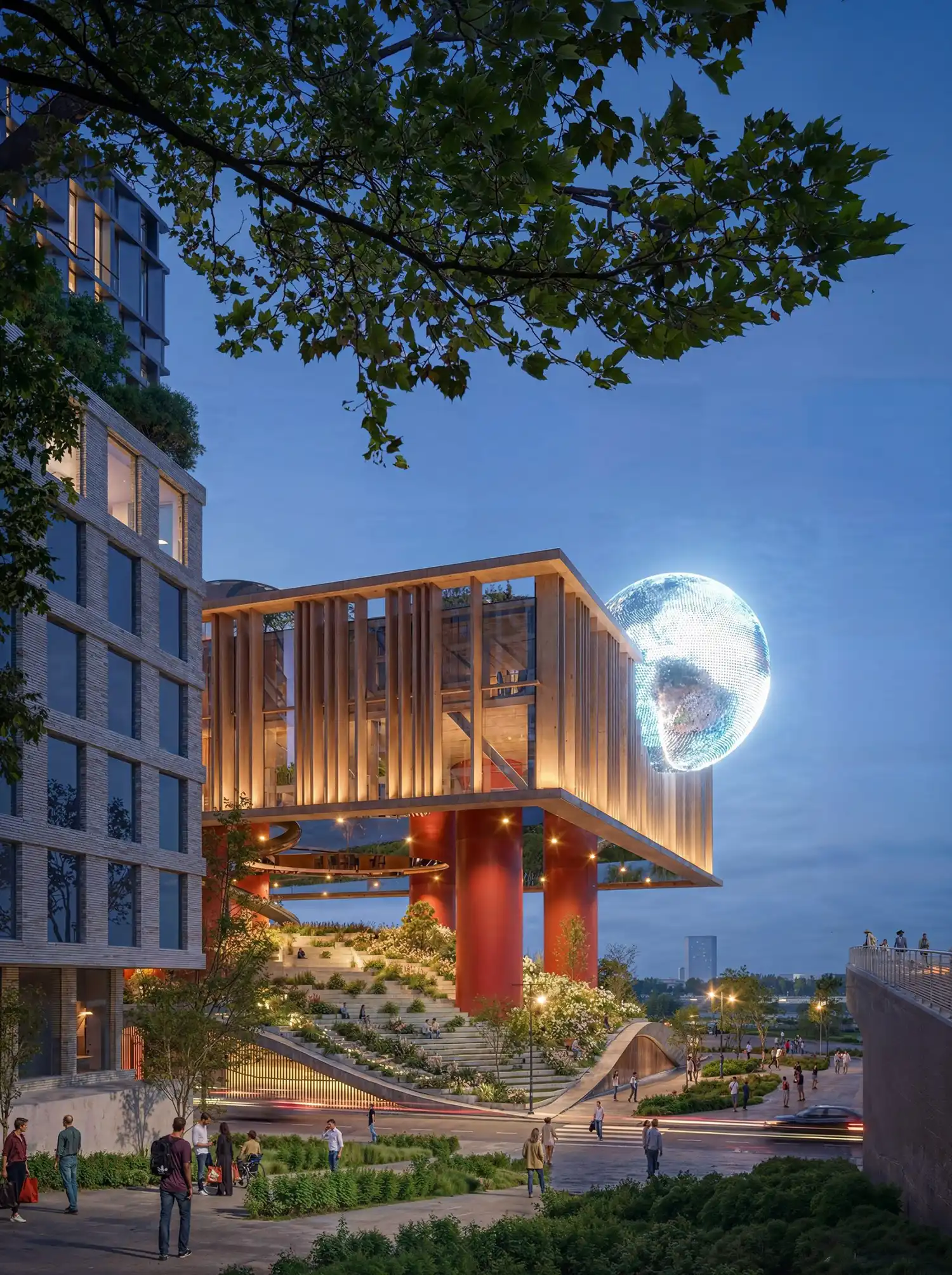 A twilight view of an elevated wooden-slatted pavilion on a large red column, with a cascading garden staircase leading down to the street, and a large glowing sphere in the background.