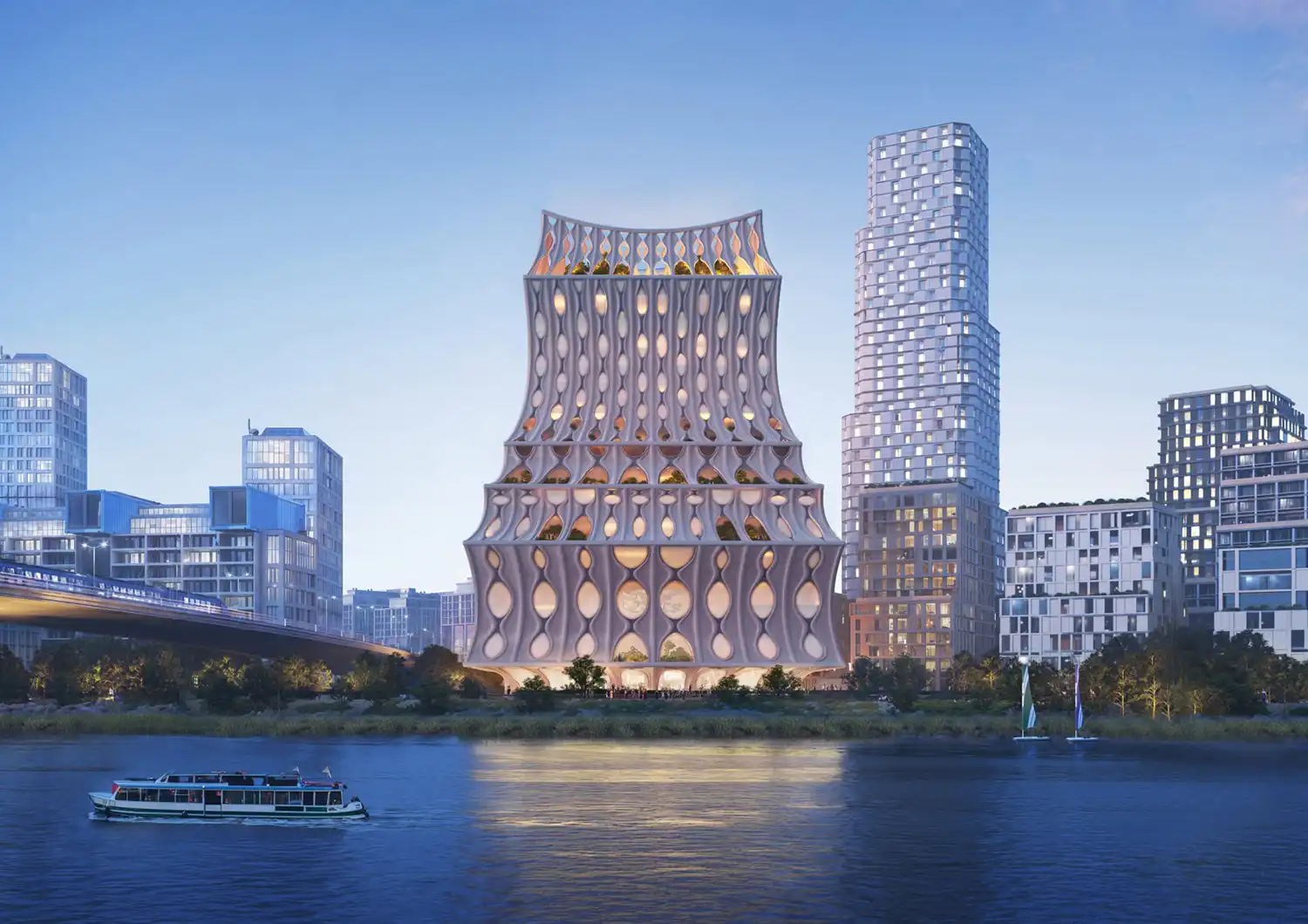 A central, vessel-like building with a highly patterned, perforated facade, situated on a riverfront with city skyscrapers in the background.