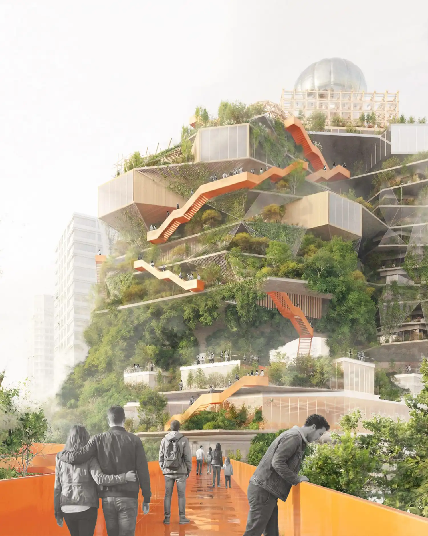 A wide rendering of massive, cascading green terraces with integrated orange walkways and staircases, set in a bustling urban park.