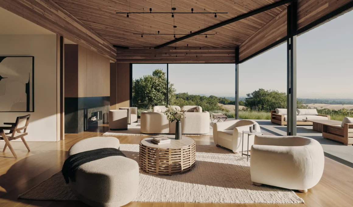 Open-plan living room with wood-slat ceiling, large corner glass walls, and contemporary light-toned furniture.