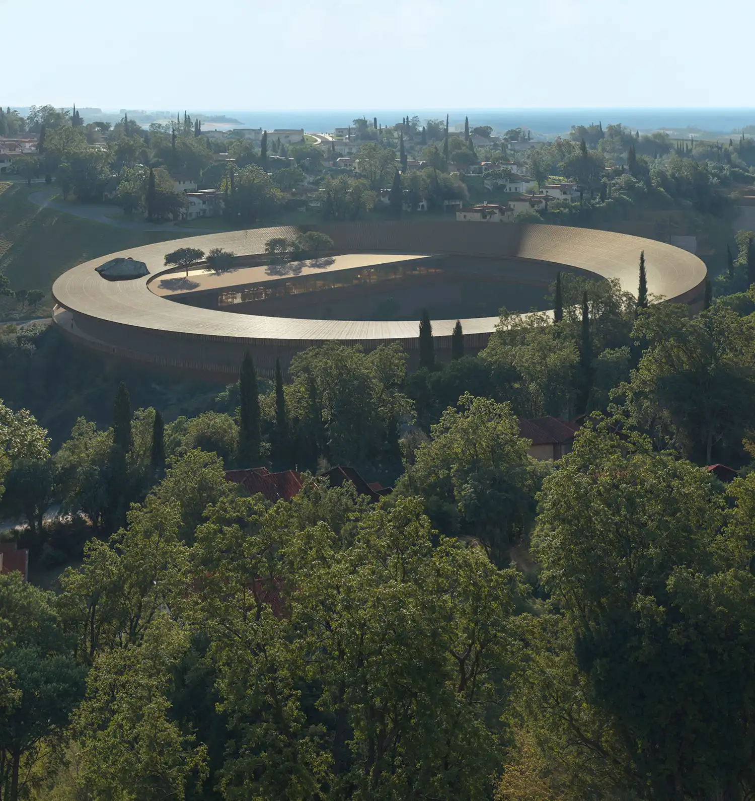 Snøhetta The Ring circular hub rising above Beykoz forest canopy