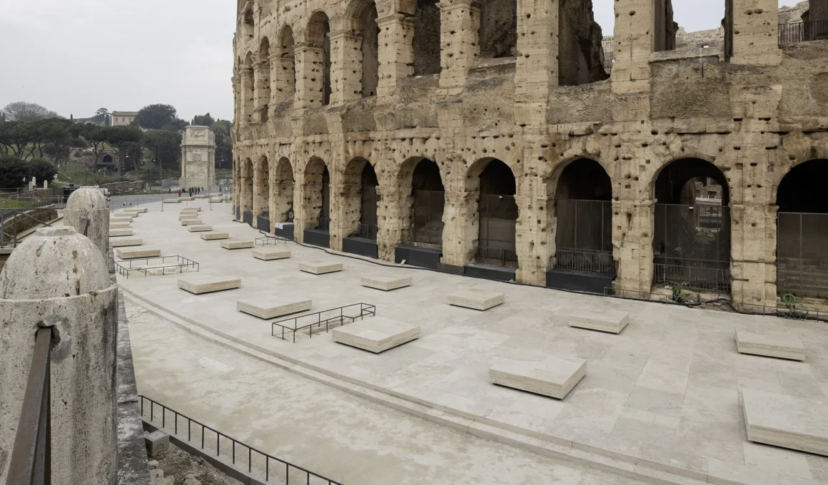 Aerial view of the travertine paving and stone imprints at the Colosseum southern ambulatory