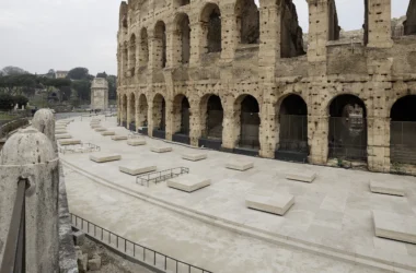 Aerial view of the travertine paving and stone imprints at the Colosseum southern ambulatory