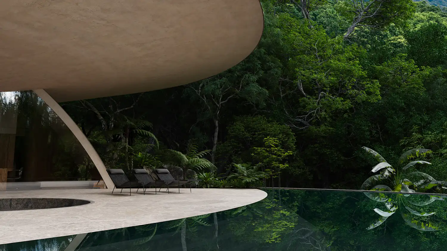 A wide-angle view from under a massive, curved concrete roof, looking out at a large infinity pool reflecting the dense, ancient rainforest on a rare sunny day, with modern lounge chairs on a light concrete deck.