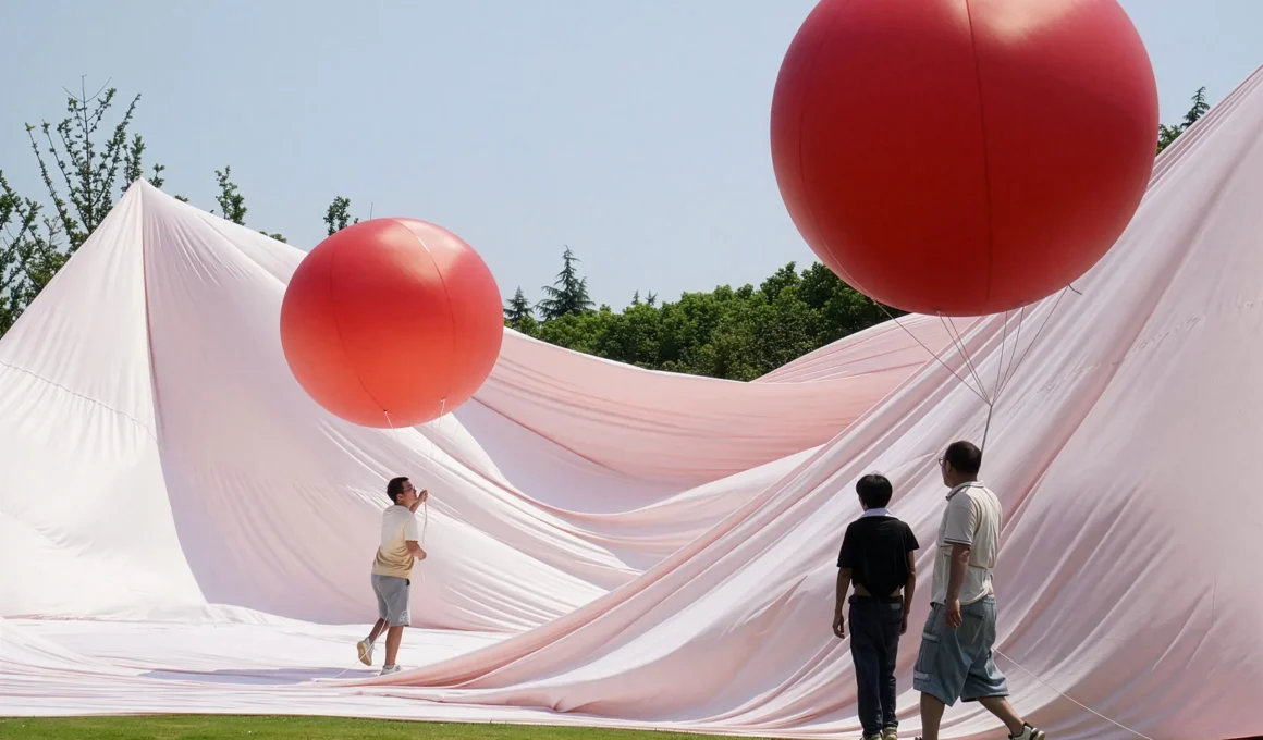 Large crimson balloons lifting corners of pale pink fabric on a green lawn in Yangzhou.
