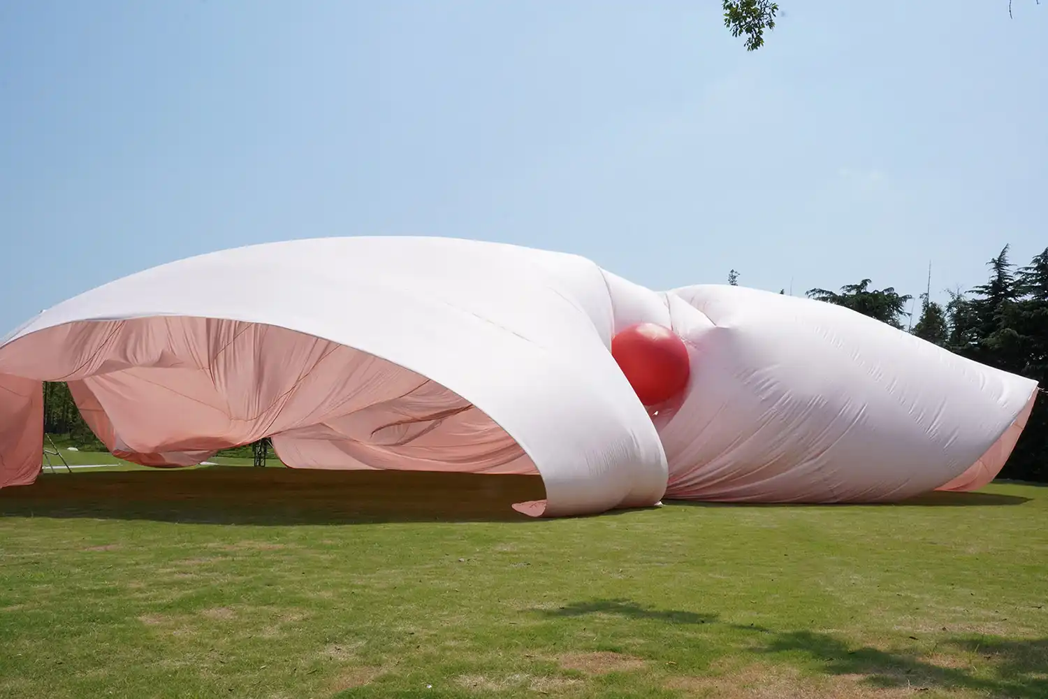 Wide view of a shaded area beneath a large pink fabric canopy on a sunny lawn.
