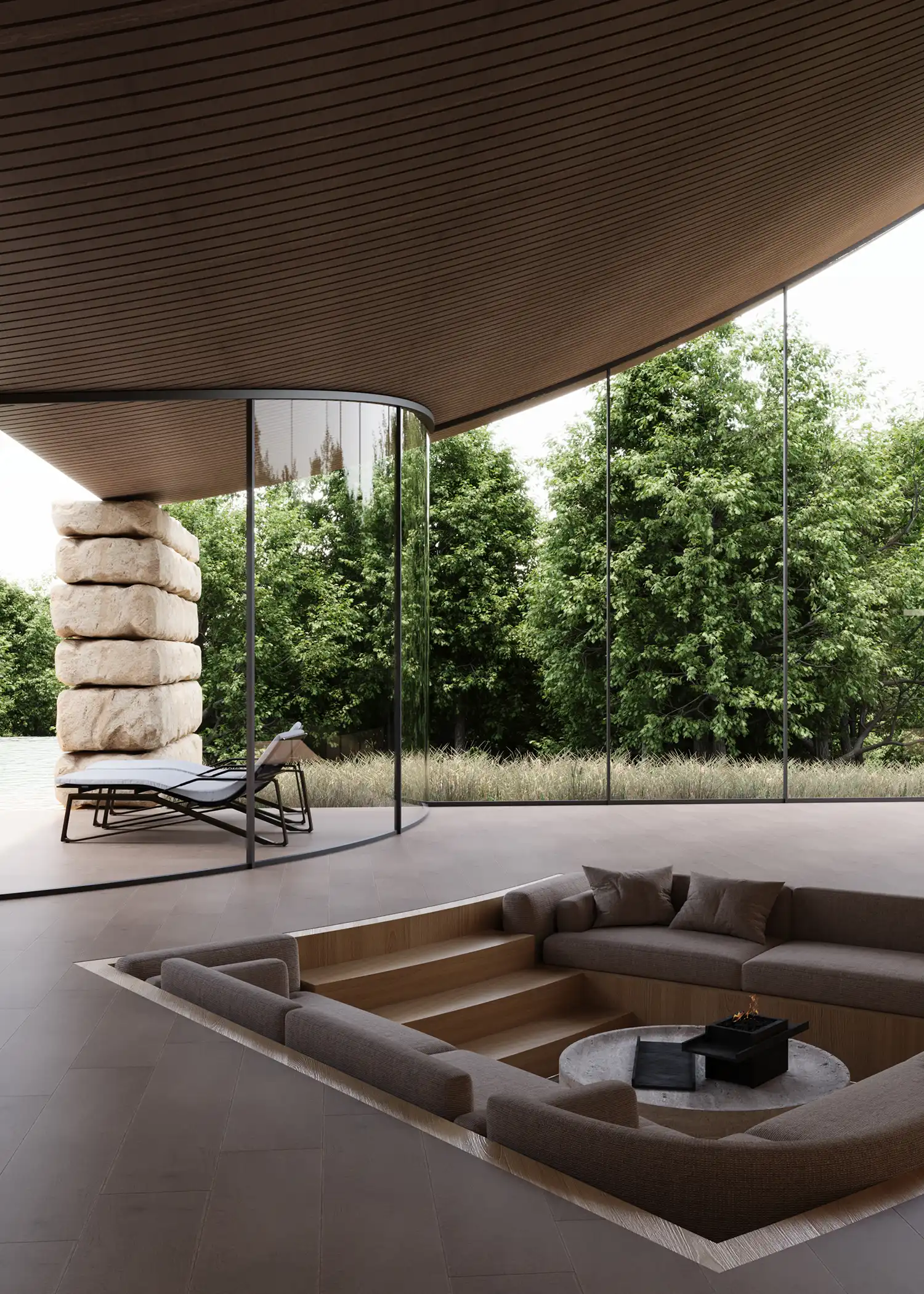 Interior view of a sunken conversation pit with a central fire feature beneath a curved timber ceiling.