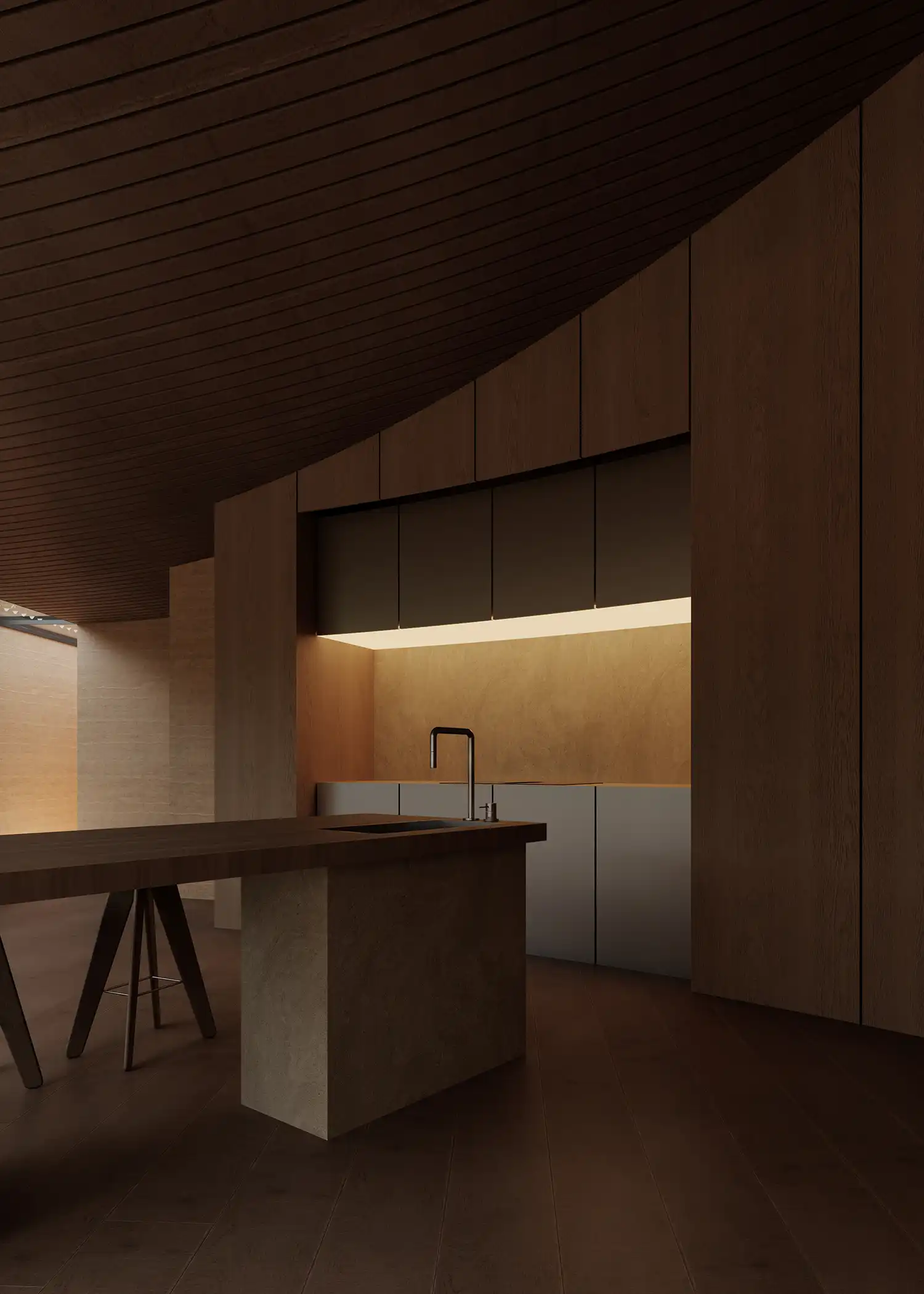 Minimalist kitchen with dark wood cabinetry and a stone island illuminated by warm integrated lighting.