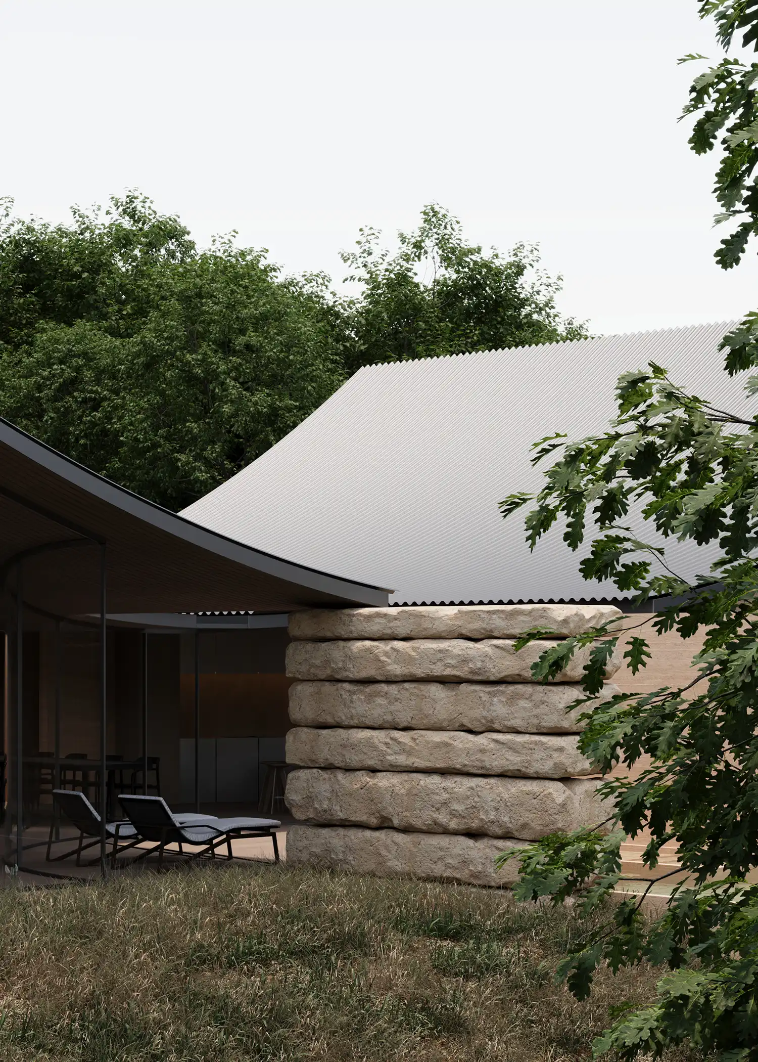 Exterior detail of a corrugated metal roof meeting a stack of massive, rough-hewn stone blocks.