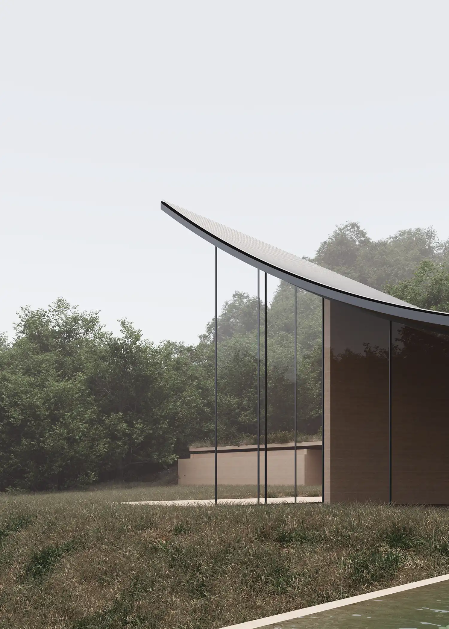 Side profile of the villa's sharply angled roofline against a misty forest backdrop.