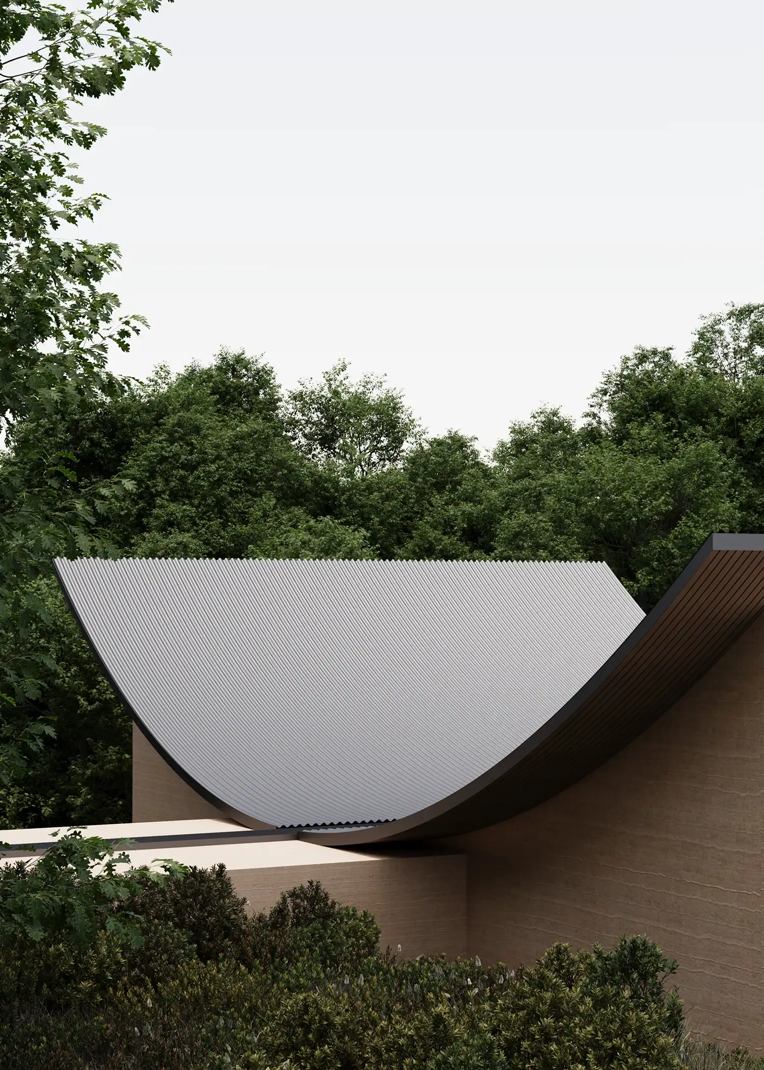 Close-up of the U-shaped grey corrugated roof sitting atop earth-toned textured walls.