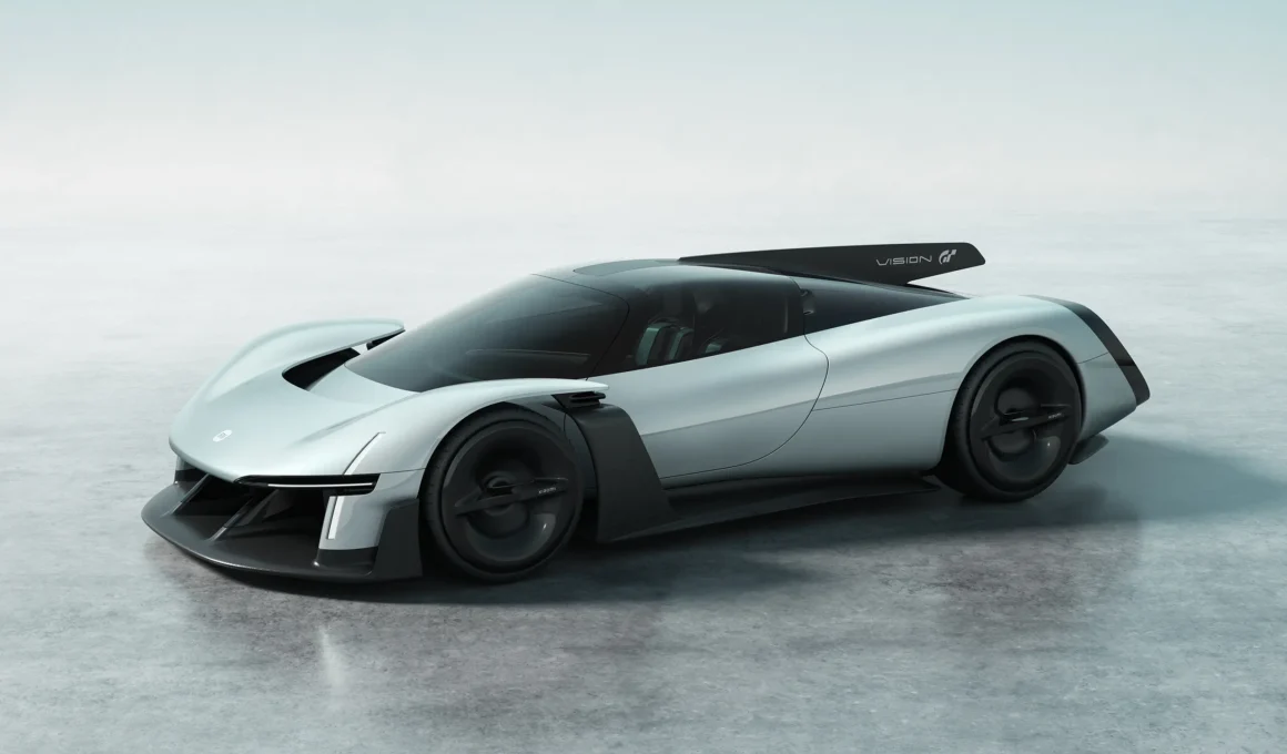 Side profile of the silver Xiaomi Vision Gran Turismo electric hypercar concept showing its teardrop cockpit and aerodynamic fins.