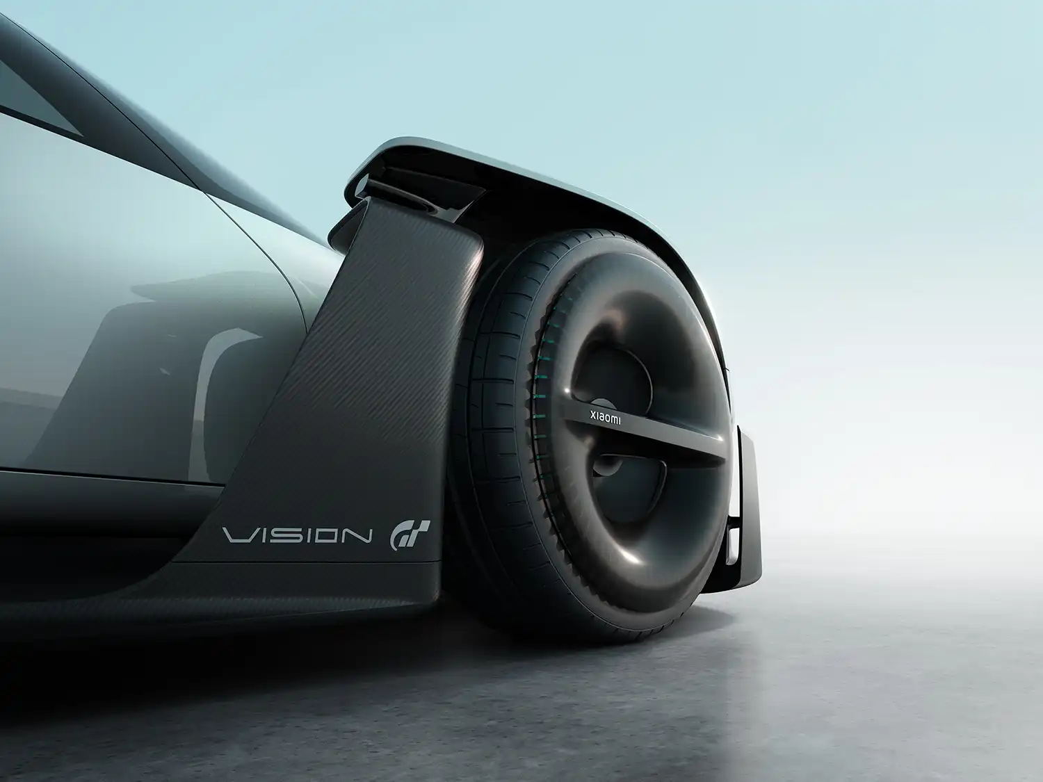 Close-up of the Xiaomi Vision Gran Turismo's Accretion Rims with a stationary magnetic cover and turbine fins.