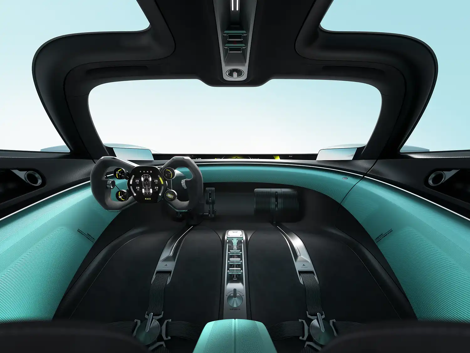 Interior cockpit view of the Xiaomi Vision Gran Turismo showing the "Sofa Racer" 3D knitted fabric and yolk steering wheel.
