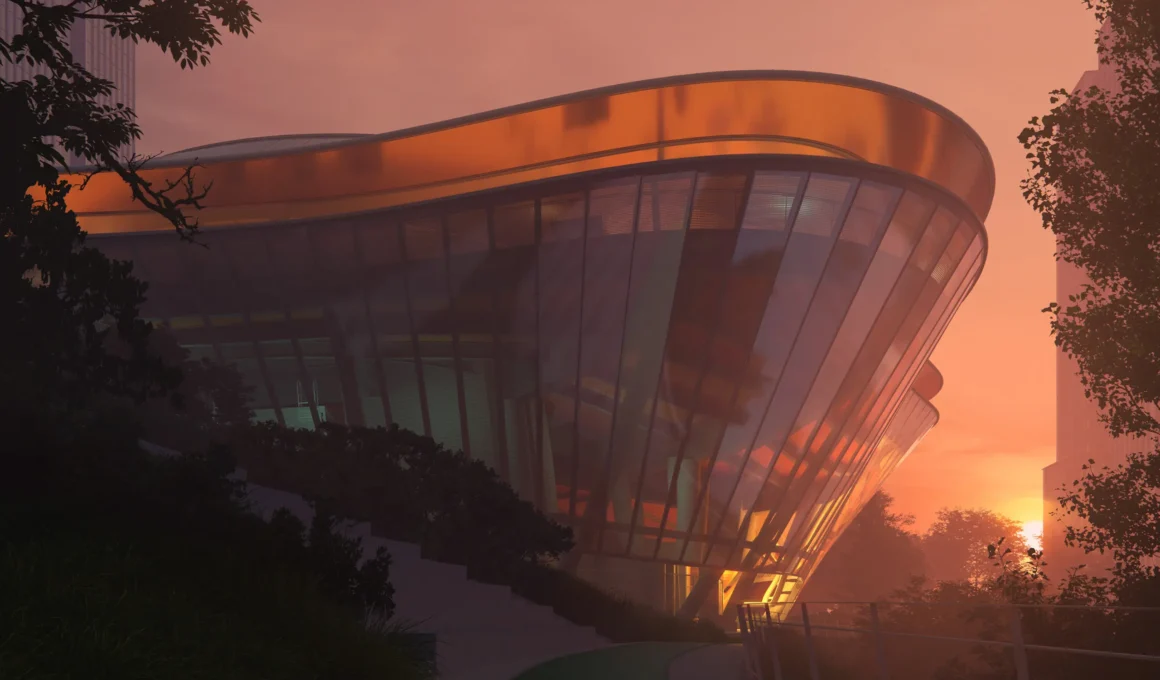 Futuristic smart building architecture with glowing green light and AI data integration at night.