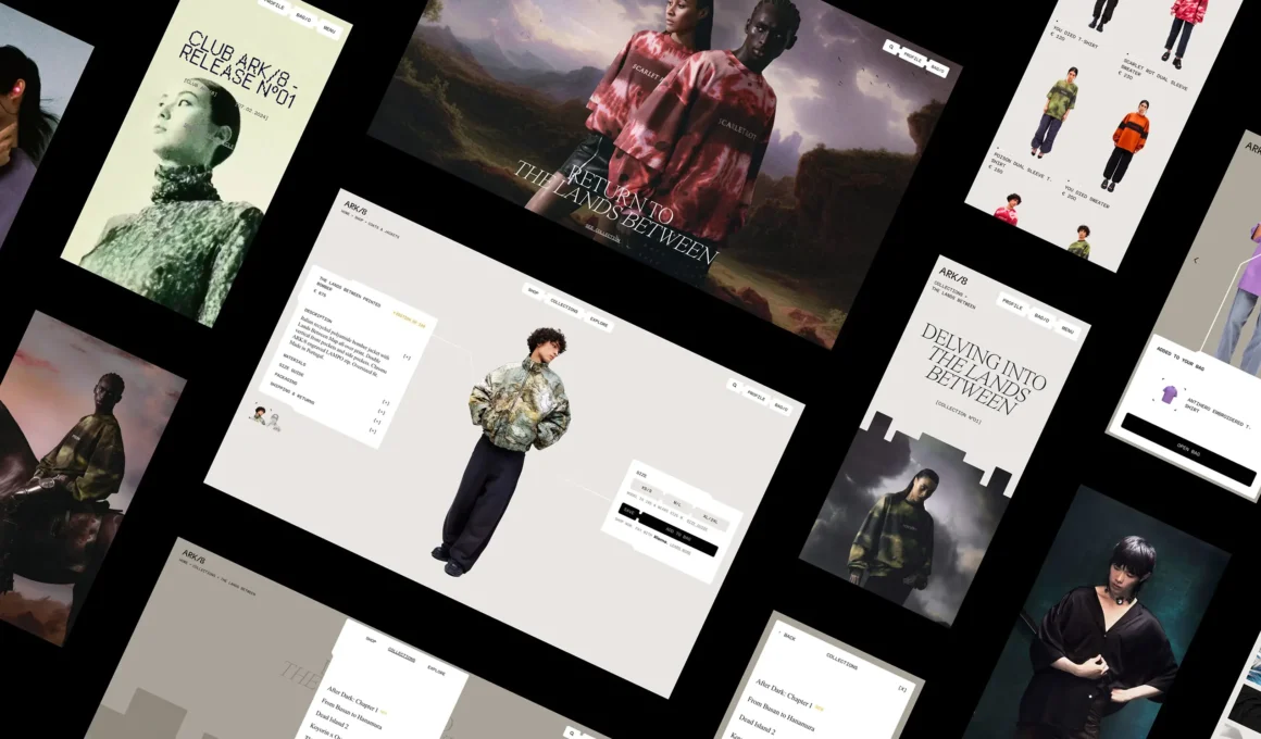 Editorial-style interface of Ark/8 fashion platform featuring high-end streetwear and cinematic photography.