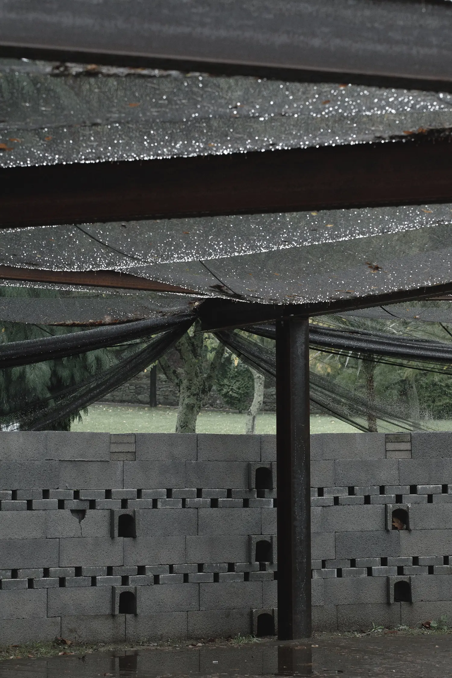 An interior perspective looking up at the metal roof frame and the translucent mesh roofing of the Rotação pavilion by Atelier Tiago Antero, showing rain droplets on the surface.