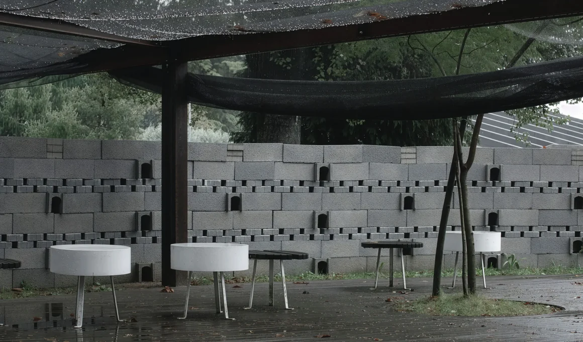A ground-level view inside the circular Rotação pavilion by Atelier Tiago Antero, focusing on the curved, textured concrete block wall and the minimalist white and black stools placed on the wet pavement.