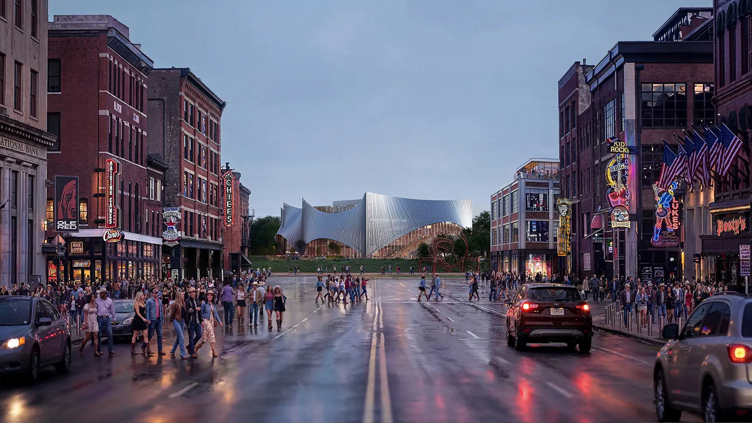 A rainy street view in Nashville looking toward a large, silver undulating building at the end of the road.