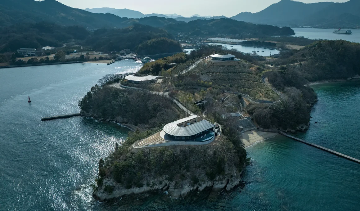 Aerial view of NOT A HOTEL SETOUCHI villas by BIG on Sagishima Island.