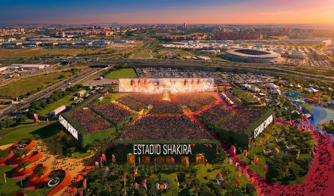 Aerial rendering of the green-walled Shakira Stadium at Macondo Park during sunset.