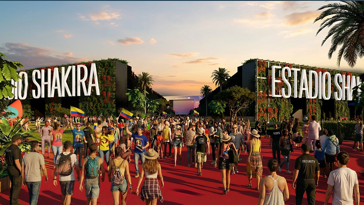 Pedestrian entrance to the Shakira Stadium with green walls and large white lettering.