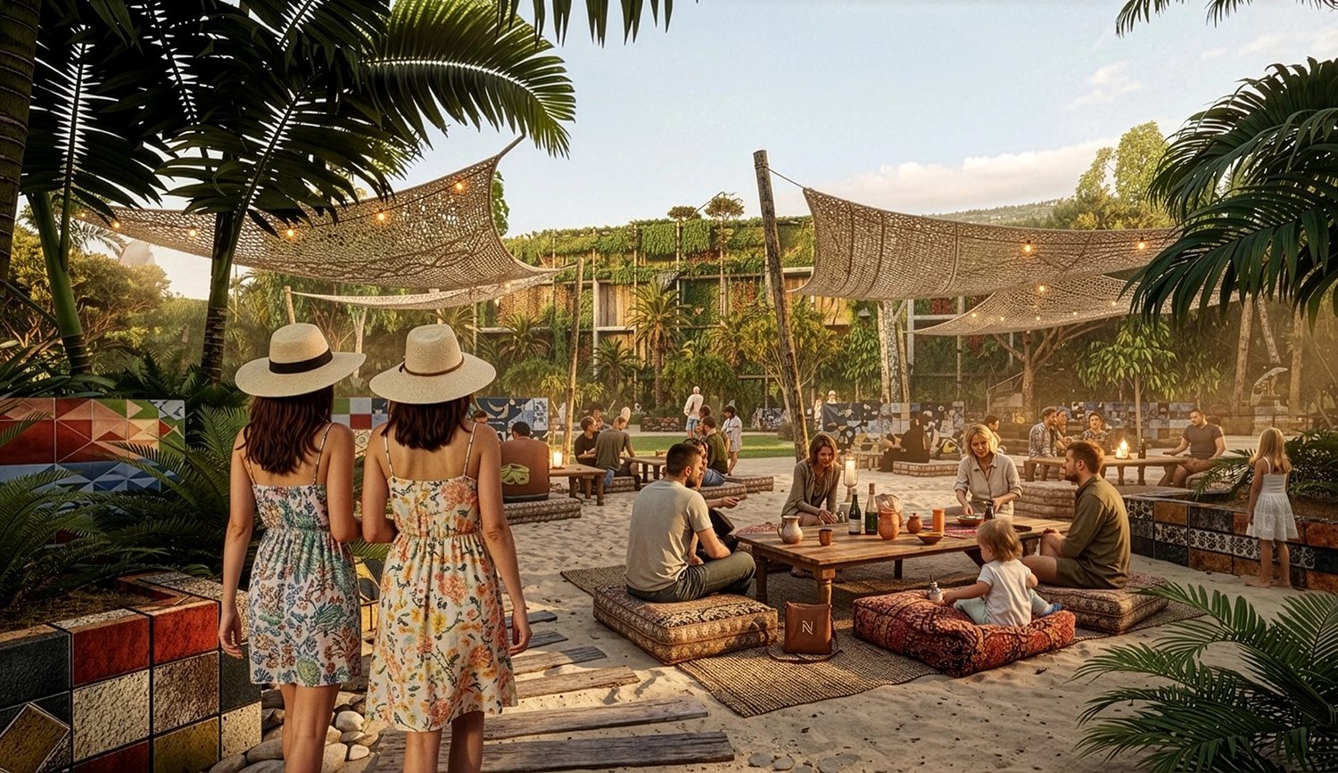Relaxed outdoor seating area at Macondo Park with fabric canopies and palm trees.