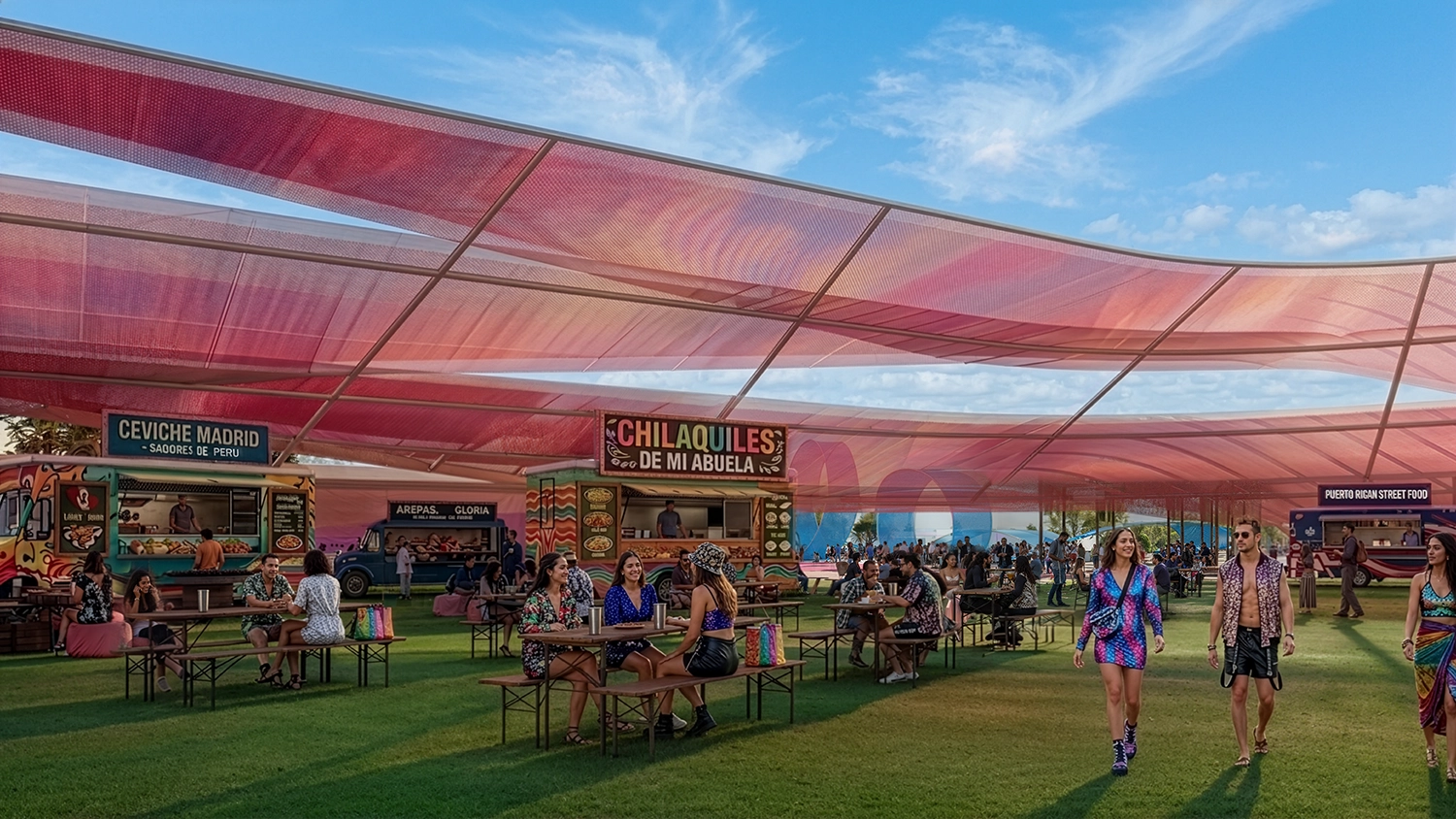 Food truck zone at Macondo Park under large pink mesh canopies.