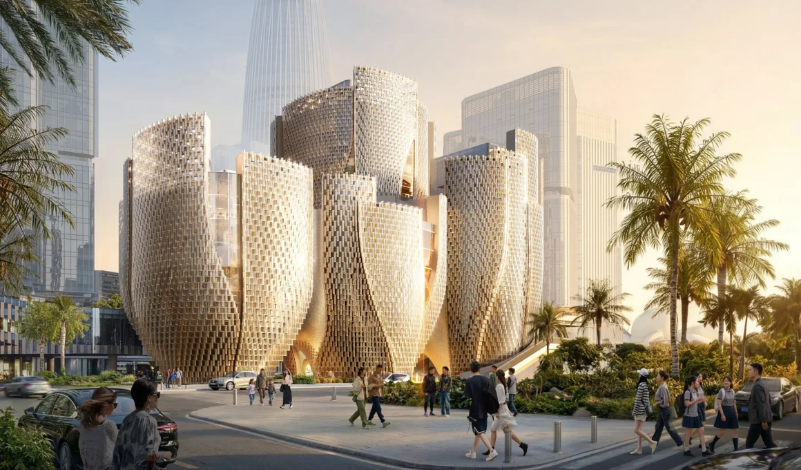 Street-level view of the Róng Museum of Art featuring five glowing, tapered sculptural volumes wrapped in vertical glass tubes.