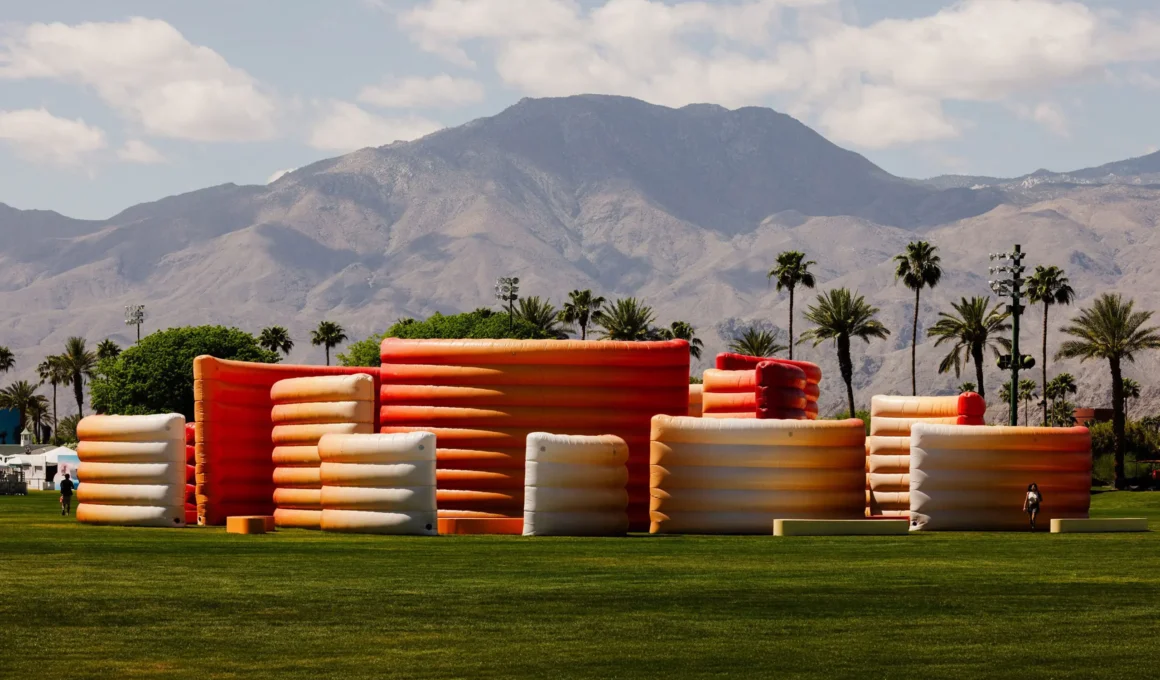 Aerial view of Maze installation by Sabine Marcelis at Coachella 2026 with desert mountains.