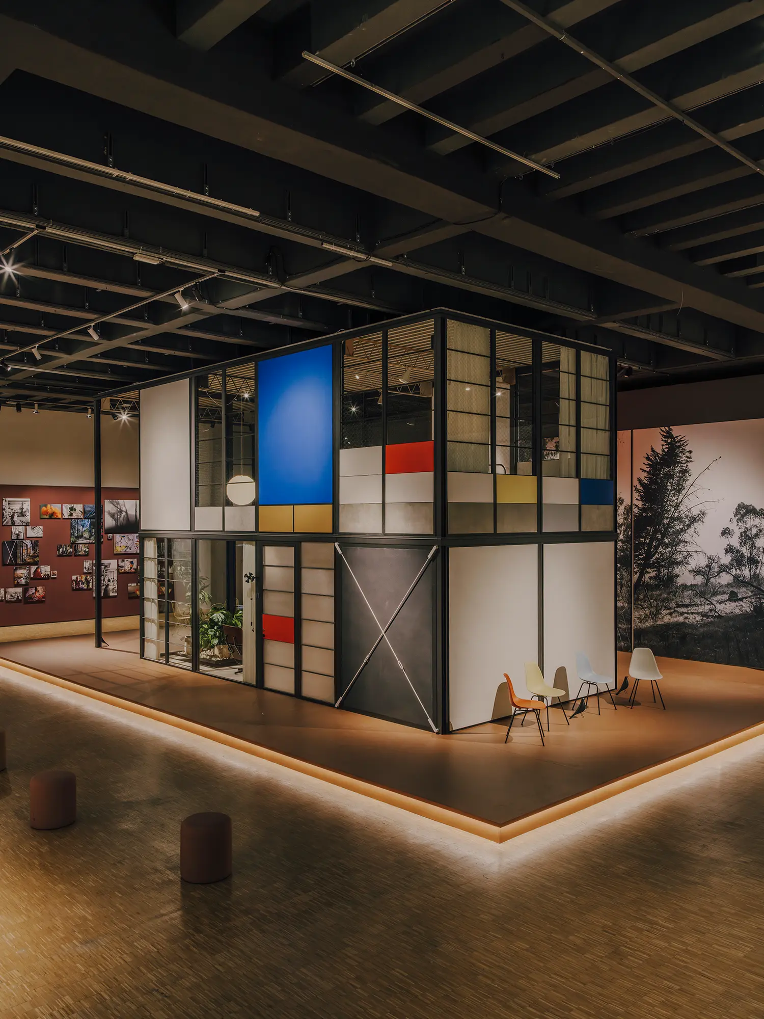 Detail of the Eames Pavilion System with primary-colored panels in the exhibition.