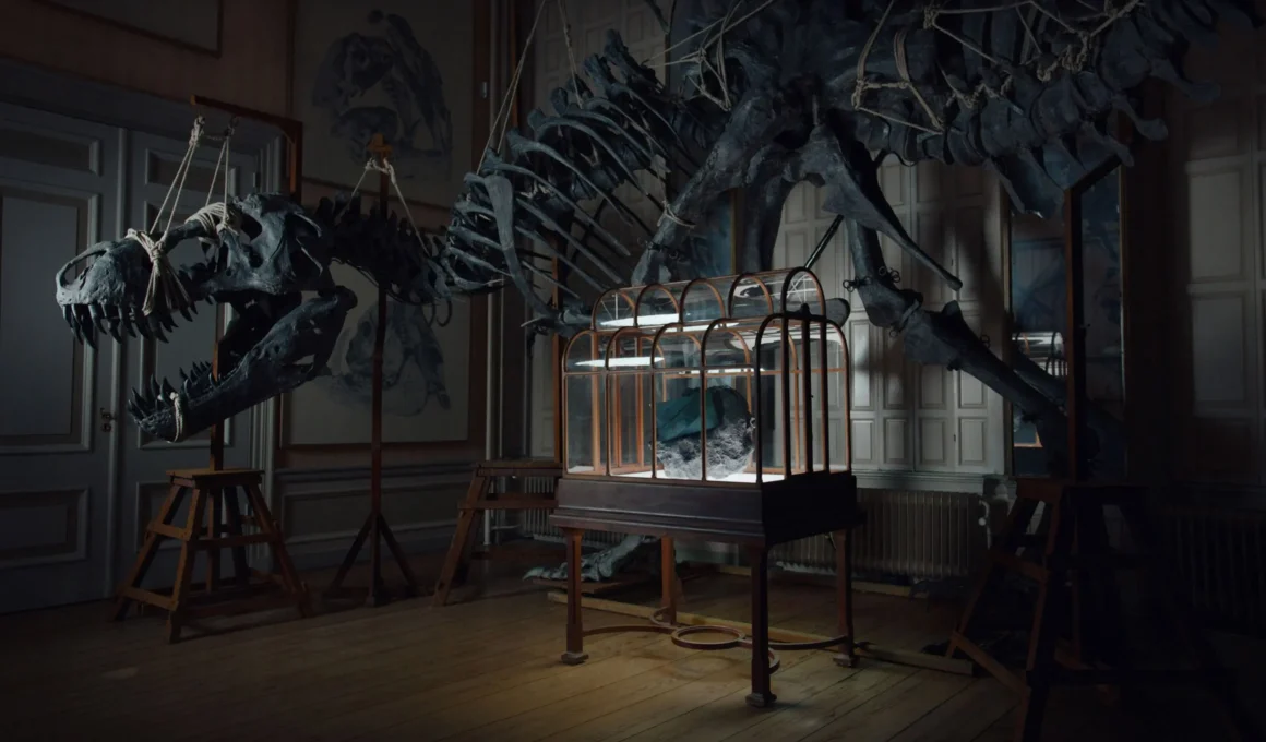 A luxury green handbag by Enfin Levé displayed in a glass vitrine in front of a massive T.rex skeleton at Art Zoo Museum.