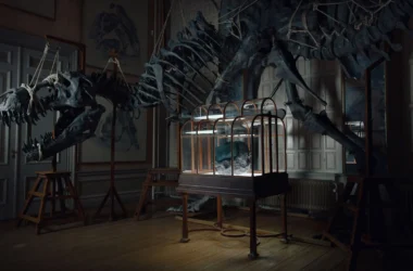 A luxury green handbag by Enfin Levé displayed in a glass vitrine in front of a massive T.rex skeleton at Art Zoo Museum.