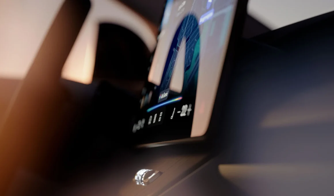 Minimalist futuristic car interior with a digital screen showing a navigation map and Google Gemini AI interface, symbolizing ethical AI engagement in automotive design.