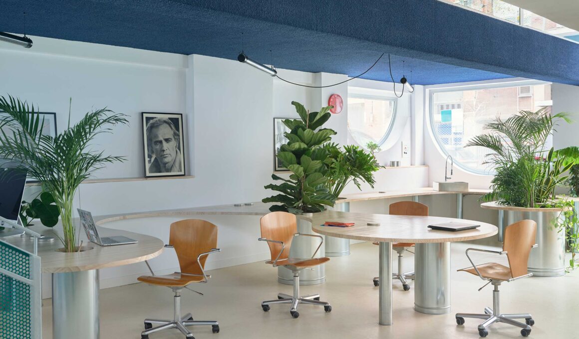Curving wooden continuous table with integrated plants and Marlon Brando portrait in Madrid office.