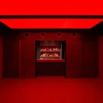 Underground club interior at FEAT. Milan featuring a vibrant red RGB luminous ceiling and a minimalist bar counter.