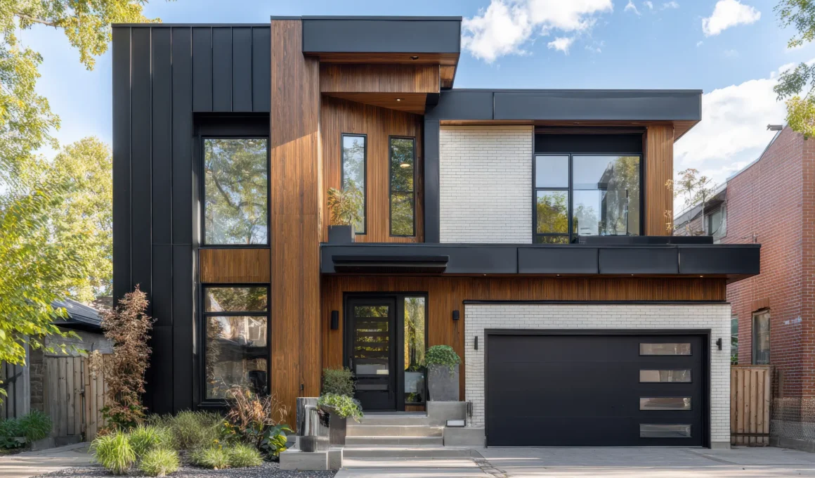 Modern residential architecture in Seattle featuring a black contemporary garage door with glass inserts and vertical wood siding.