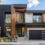 Modern residential architecture in Seattle featuring a black contemporary garage door with glass inserts and vertical wood siding.