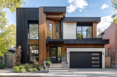 Modern residential architecture in Seattle featuring a black contemporary garage door with glass inserts and vertical wood siding.