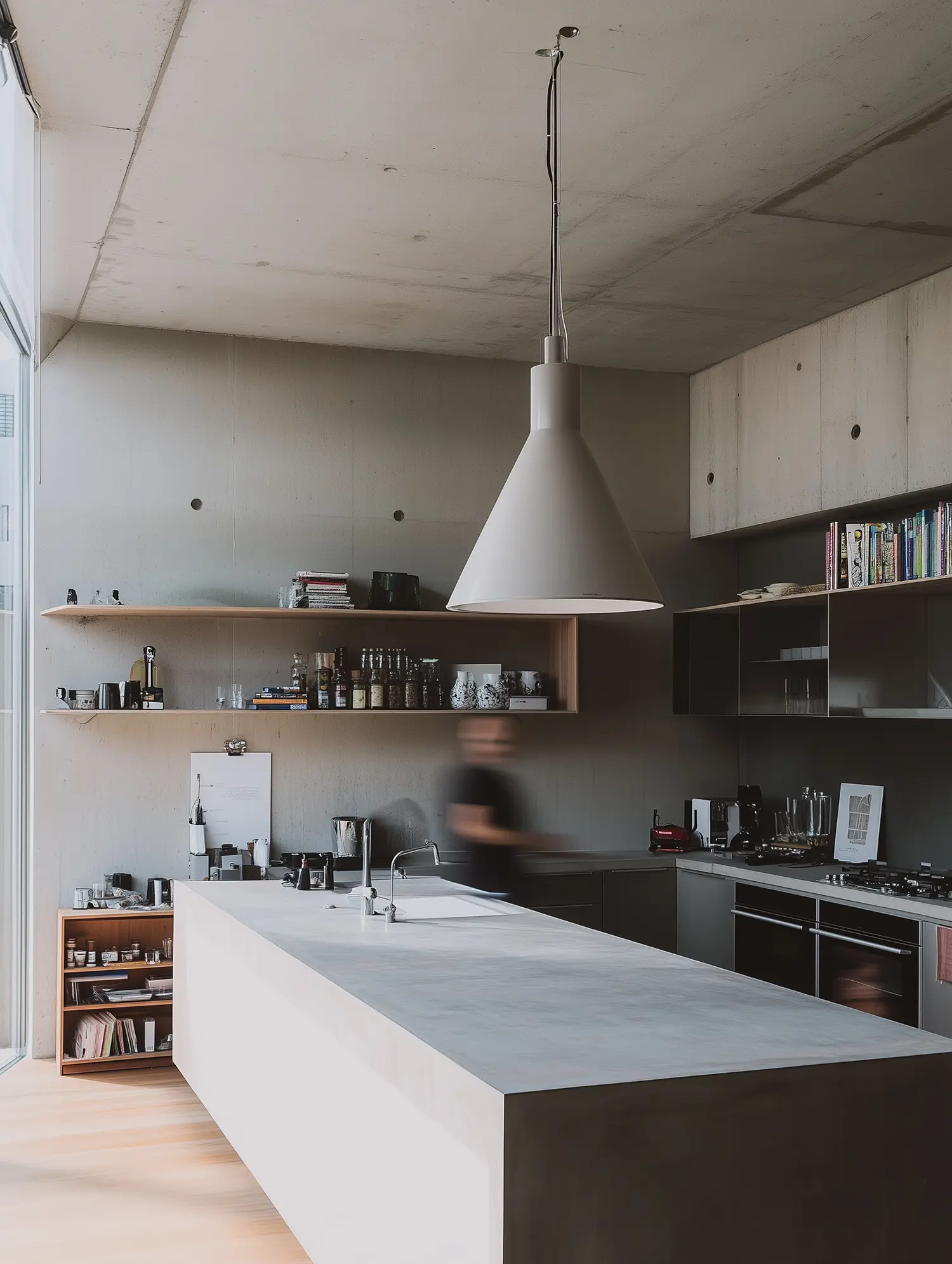 View of a minimalist kitchen with a massive white conical pendant lamp over a long concrete island, with a blurred person moving in the background.